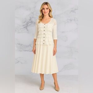 Luluvia White Lace Ruffle Button Front Top 3/4 Sleeve Boho Romantic Blouse